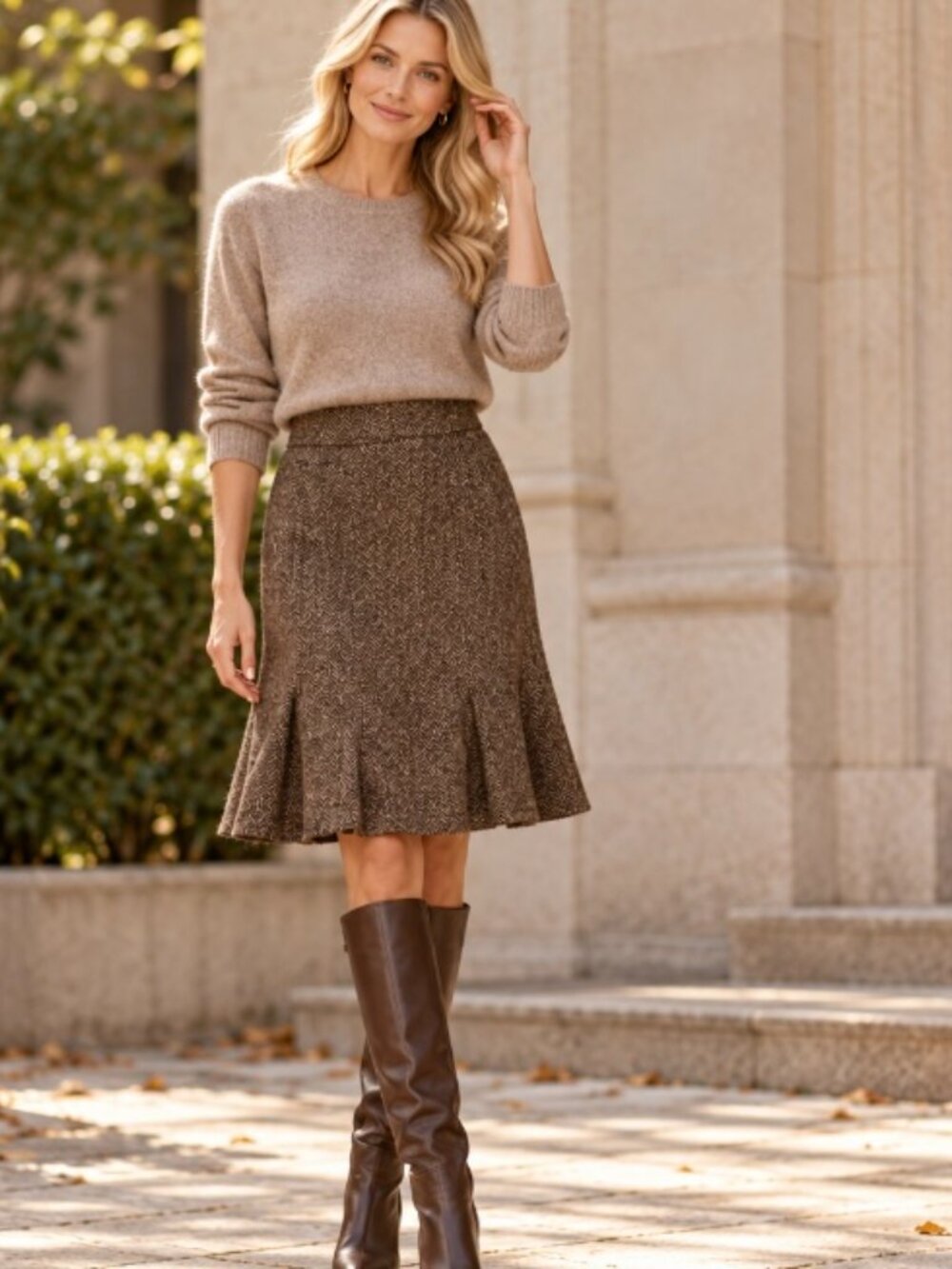 Brown and cream herringbone tweed wool skirt size 8 knee length